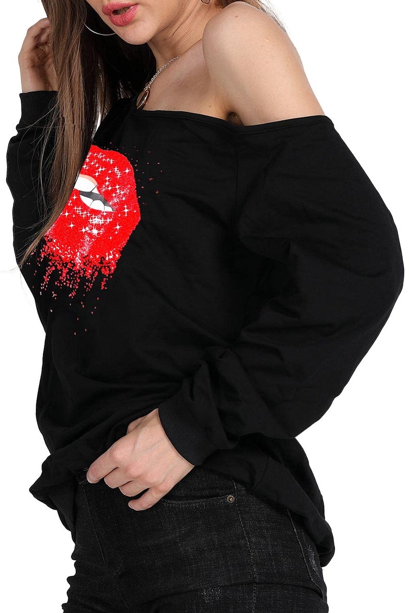 MAGICMK Womanâ€™s Sweatershirt Lips Print Causal Blouse Off The Shoulder Long Sleeve Loose Slouchy Pullover Plus Size Tops(M) Red - Image 3